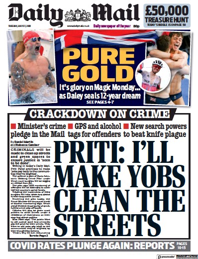 Daily Mail Newspaper Front Page (UK) for 27 July 2021