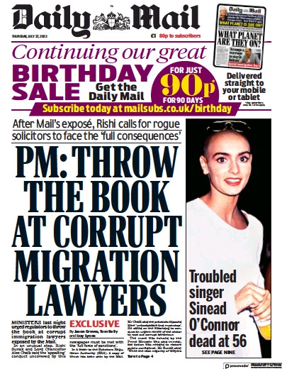 Daily Mail Newspaper Front Page (UK) for 27 July 2023