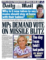 Daily Mail Newspaper Front Page (UK) for 27 August 2013