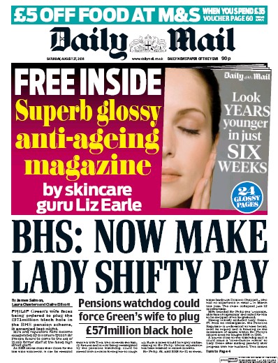 Daily Mail Newspaper Front Page (UK) for 27 August 2016