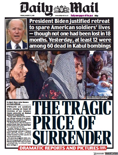 Daily Mail Newspaper Front Page (UK) for 27 August 2021