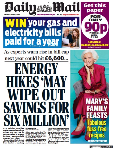 Daily Mail Newspaper Front Page (UK) for 27 August 2022