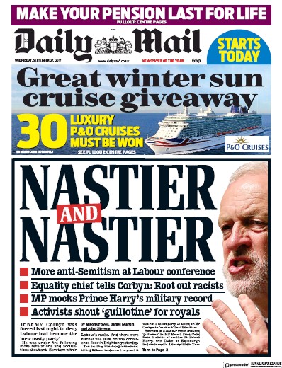 Daily Mail Newspaper Front Page (UK) for 27 September 2017