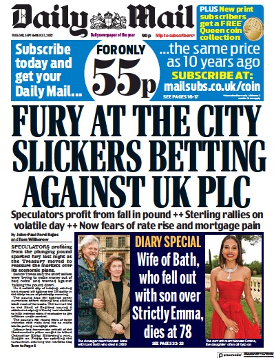 Daily Mail Newspaper Front Page (UK) for 27 September 2022