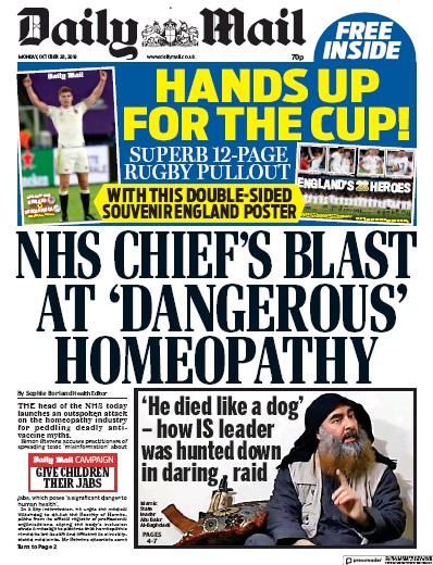 Daily Mail Newspaper Front Page (UK) for 28 October 2019