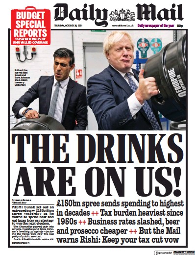 Daily Mail Newspaper Front Page (UK) for 28 October 2021