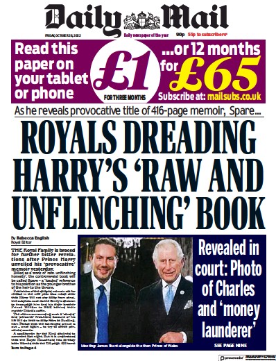Daily Mail Newspaper Front Page (UK) for 28 October 2022