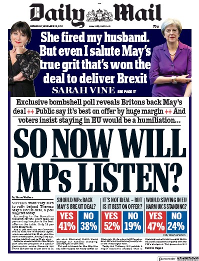 Daily Mail Newspaper Front Page (UK) for 28 November 2018