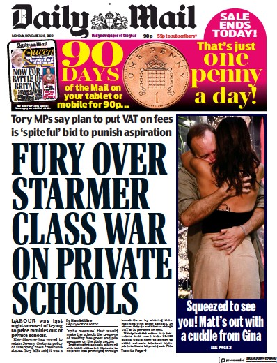 Daily Mail Newspaper Front Page (UK) for 28 November 2022