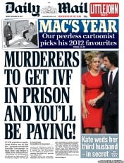 Daily Mail Newspaper Front Page (UK) for 28 December 2012