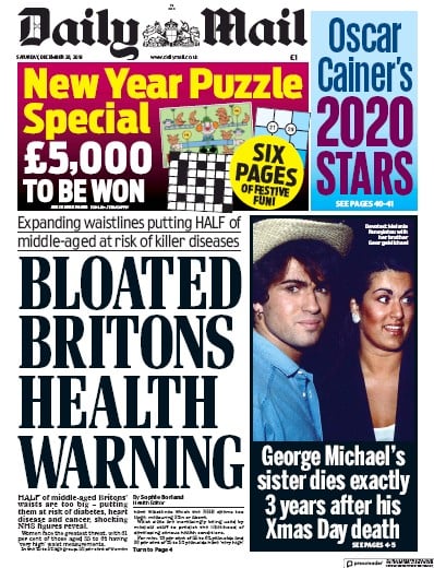 Daily Mail Newspaper Front Page (UK) for 28 December 2019