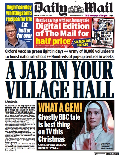 Daily Mail Newspaper Front Page (UK) for 28 December 2020