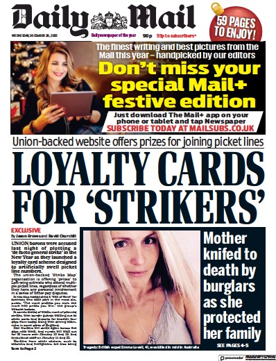 Daily Mail Newspaper Front Page (UK) for 28 December 2022