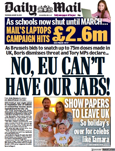 Daily Mail Newspaper Front Page (UK) for 28 January 2021