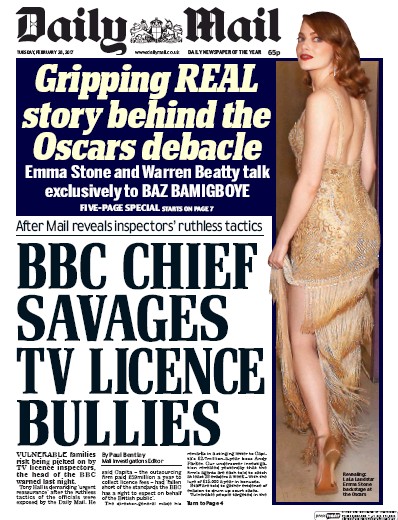 Daily Mail Newspaper Front Page (UK) for 28 February 2017
