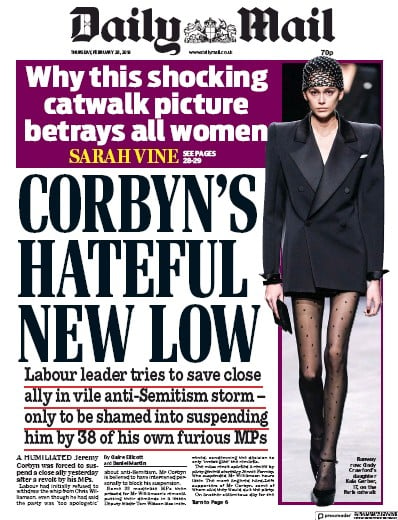 Daily Mail Newspaper Front Page (UK) for 28 February 2019