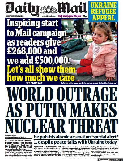 Daily Mail Newspaper Front Page (UK) for 28 February 2022