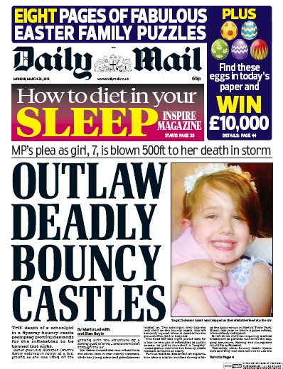 Daily Mail Newspaper Front Page (UK) for 28 March 2016