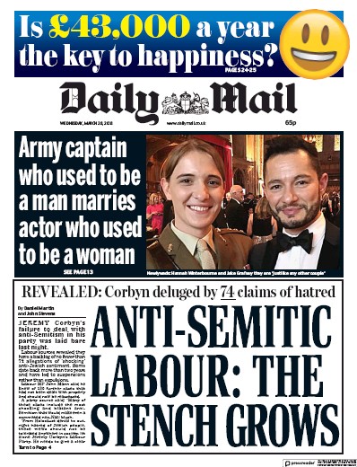 Daily Mail Newspaper Front Page (UK) for 28 March 2018