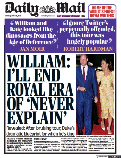 Daily Mail Newspaper Front Page (UK) for 28 March 2022