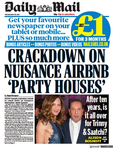Daily Mail Newspaper Front Page (UK) for 28 March 2023