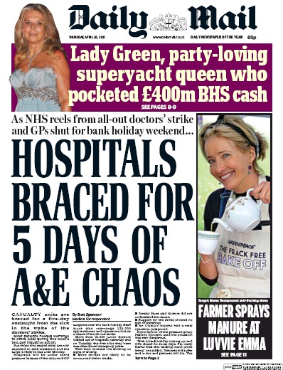Daily Mail Newspaper Front Page (UK) for 28 April 2016