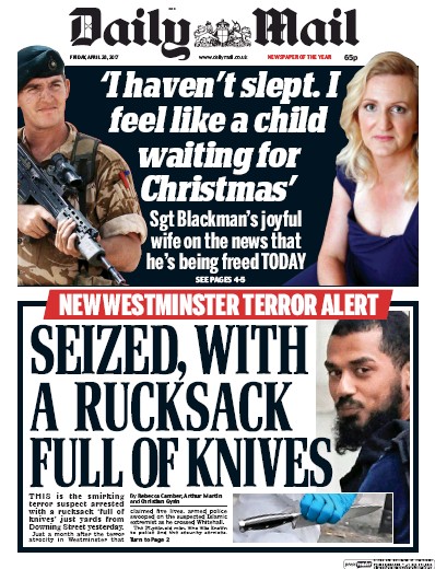 Daily Mail Newspaper Front Page (UK) for 28 April 2017