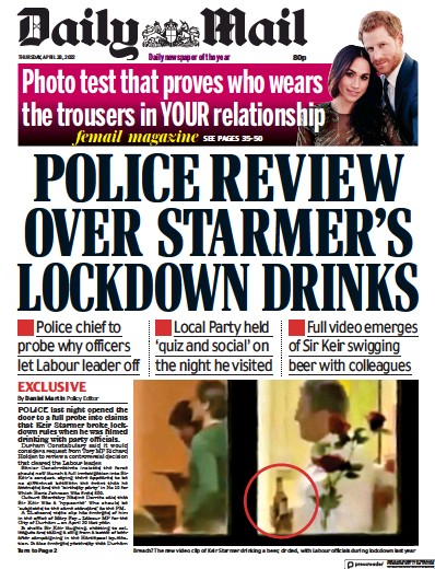 Daily Mail Newspaper Front Page (UK) for 28 April 2022