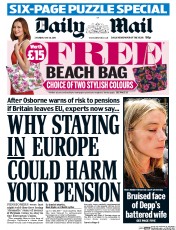 Daily Mail (UK) Newspaper Front Page for 28 May 2016
