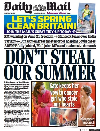 Daily Mail Newspaper Front Page (UK) for 28 May 2021