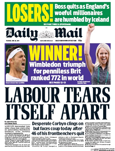 Daily Mail Newspaper Front Page (UK) for 28 June 2016