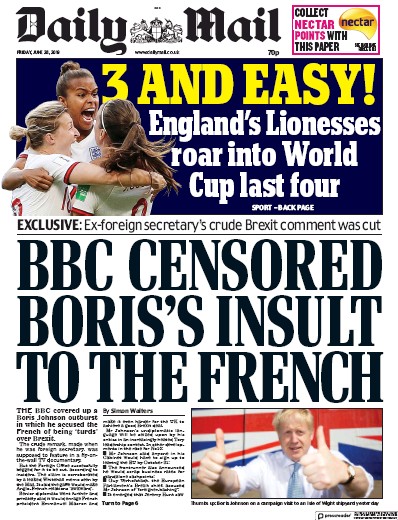 Daily Mail Newspaper Front Page (UK) for 28 June 2019