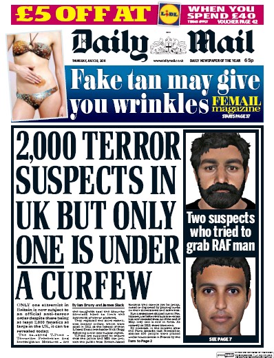 Daily Mail Newspaper Front Page (UK) for 28 July 2016