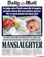 Daily Mail (UK) Newspaper Front Page for 28 July 2017