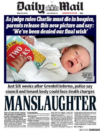 Daily Mail Newspaper Front Page (UK) for 28 July 2017