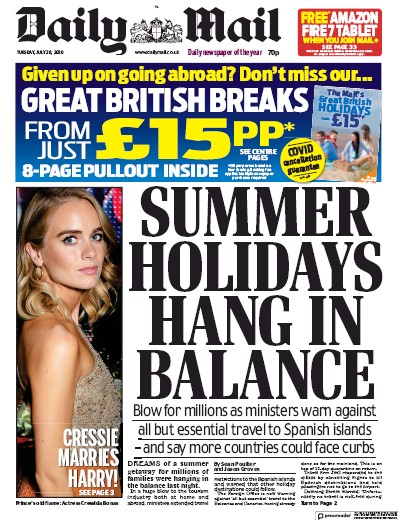 Daily Mail Newspaper Front Page (UK) for 28 July 2020