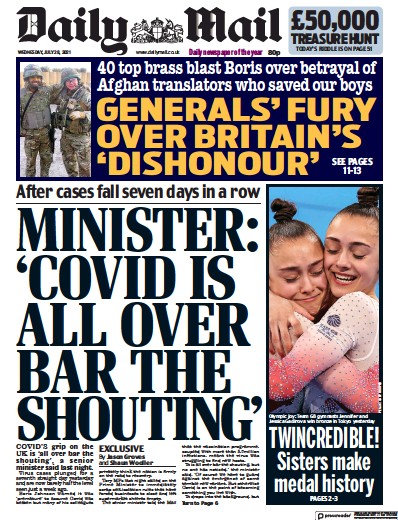 Daily Mail Newspaper Front Page (UK) for 28 July 2021