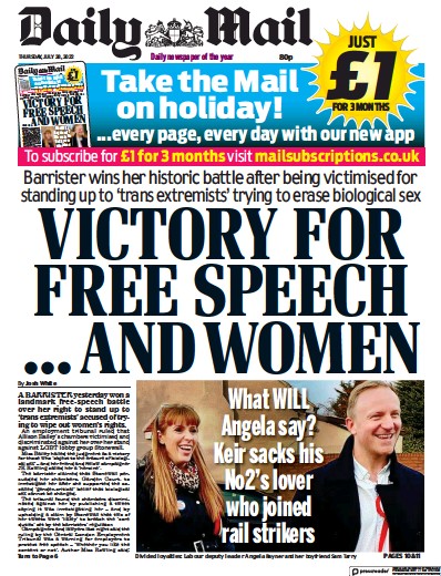 Daily Mail Newspaper Front Page (UK) for 28 July 2022