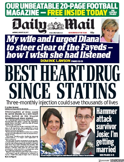 Daily Mail Newspaper Front Page (UK) for 28 August 2017
