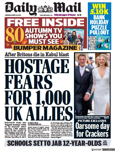 Daily Mail Newspaper Front Page (UK) for 28 August 2021