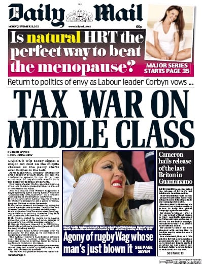 Daily Mail Newspaper Front Page (UK) for 28 September 2015