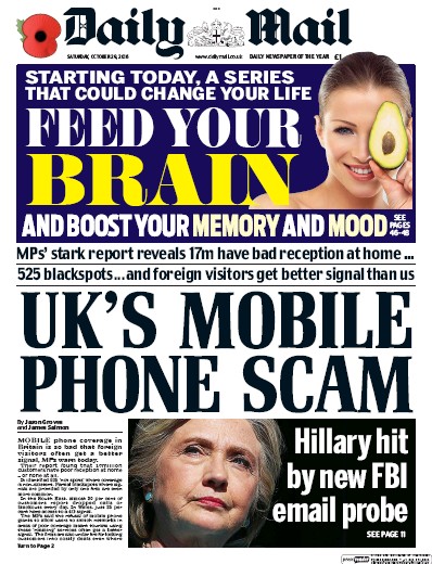 Daily Mail Newspaper Front Page (UK) for 29 October 2016