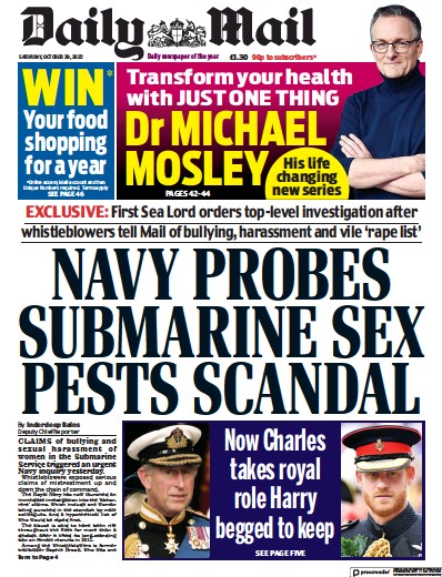 Daily Mail Newspaper Front Page (UK) for 29 October 2022