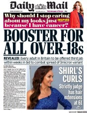 Daily Mail (UK) Newspaper Front Page for 29 November 2021
