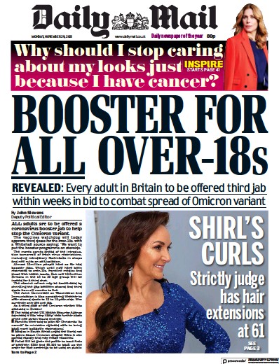 Daily Mail Newspaper Front Page (UK) for 29 November 2021