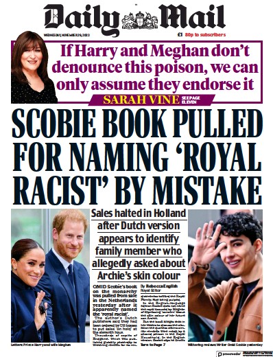 Daily Mail Newspaper Front Page (UK) for 29 November 2023