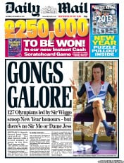 Daily Mail Newspaper Front Page (UK) for 29 December 2012
