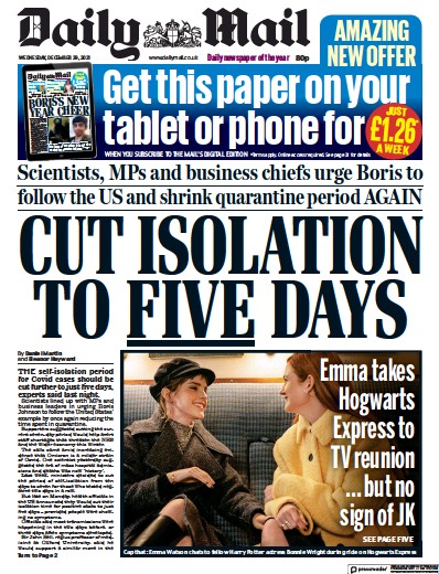 Daily Mail Newspaper Front Page (UK) for 29 December 2021