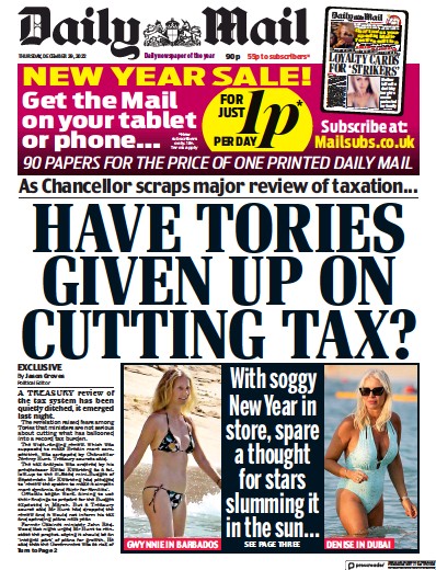 Daily Mail Newspaper Front Page (UK) for 29 December 2022