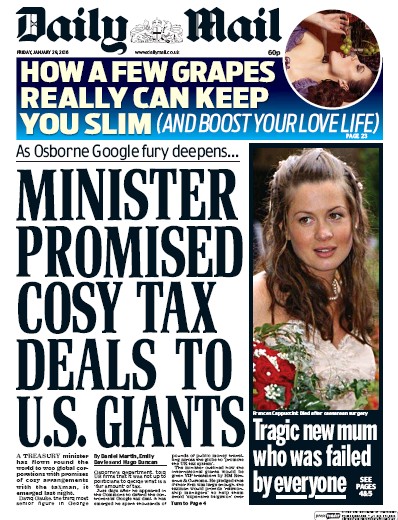 Daily Mail Newspaper Front Page (UK) for 29 January 2016